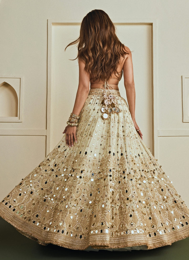 Gold Mirrorwork Tissue Corset Lehenga Set