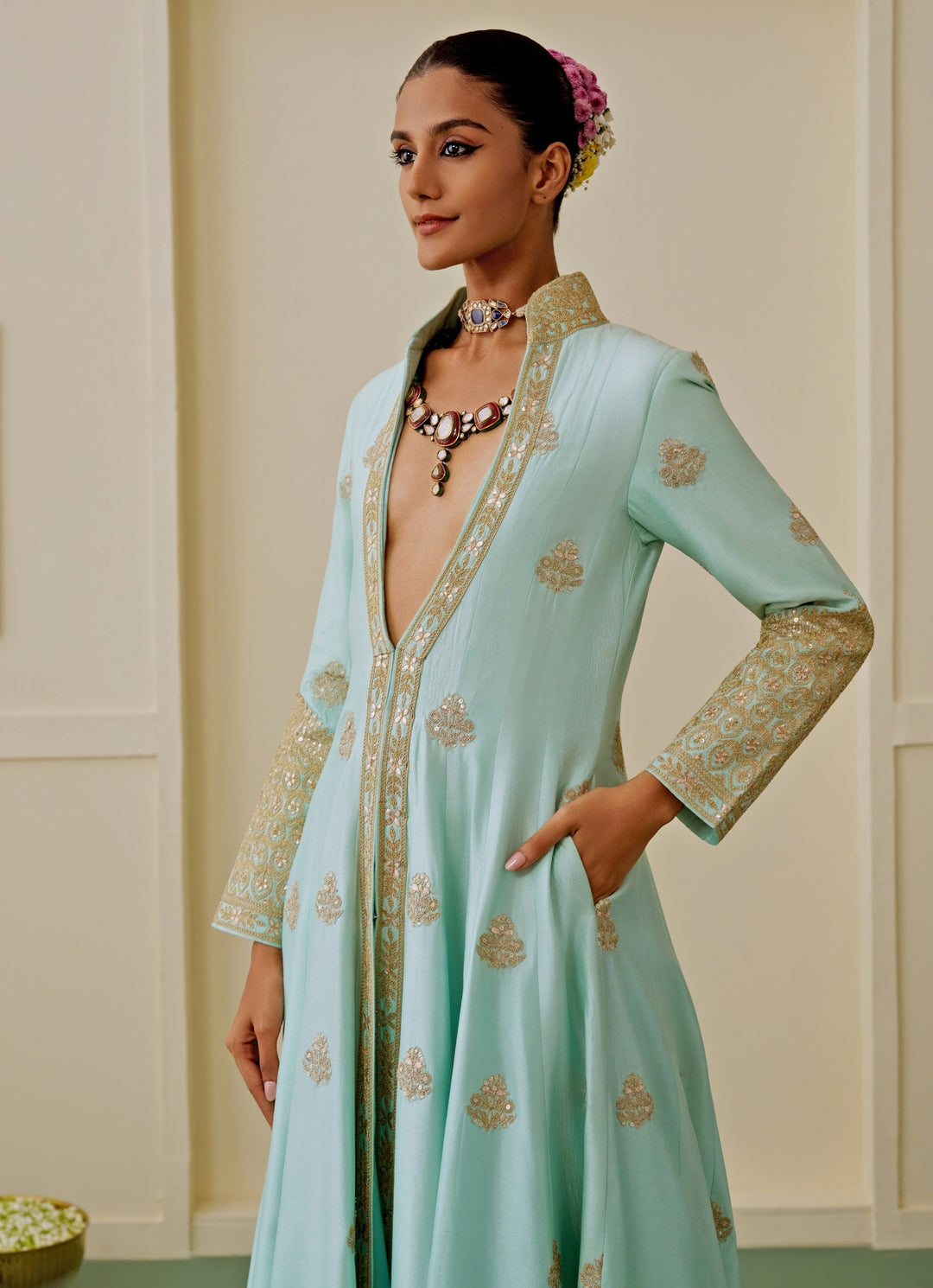 Ice Blue Tussar Anarkali Set