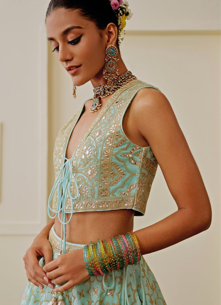 Ice Blue Tussar Lehenga Set