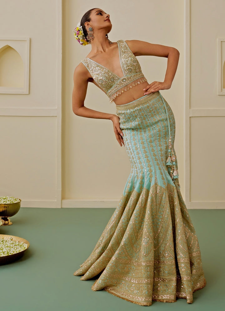 Ice Blue And Gold Tussar Mermaid Lehenga Set