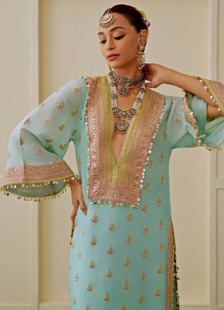 Ice Blue Tussar Kaftan Set