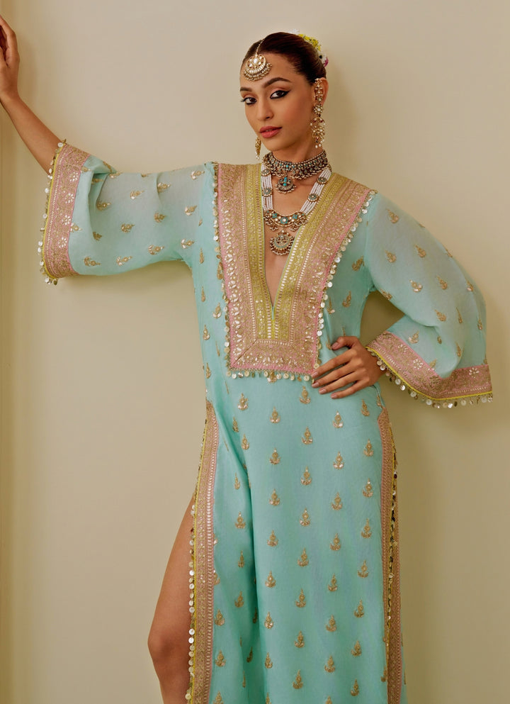 Ice Blue Tussar Kaftan Set