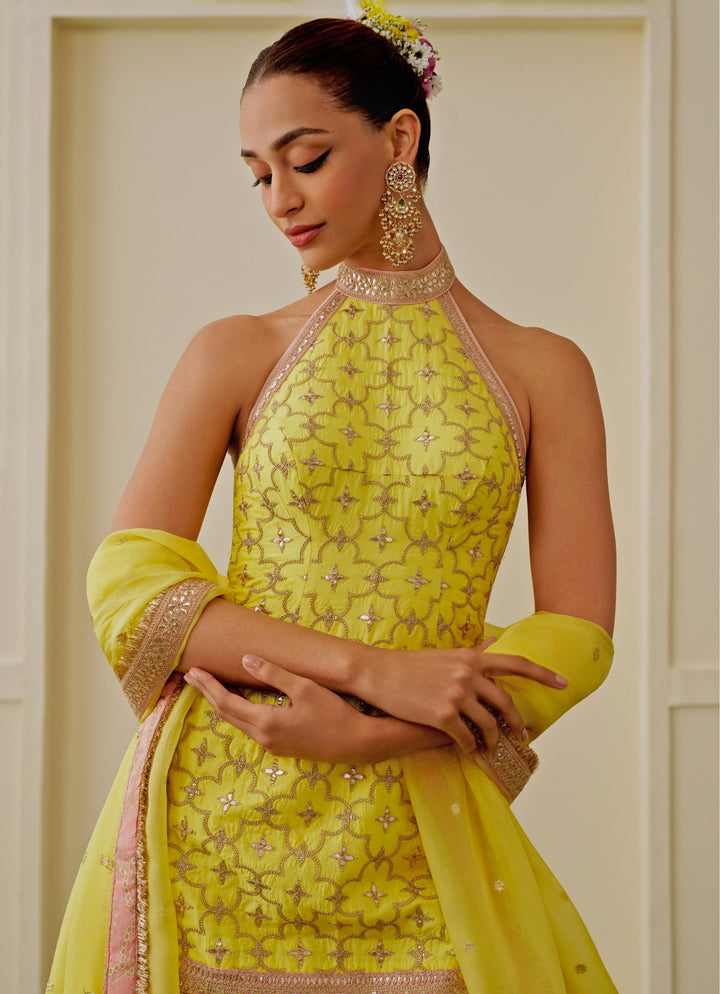 Yellow Tussar Kurta Sharara Set