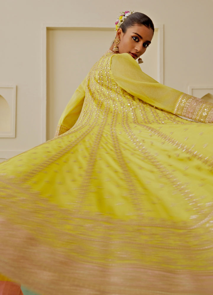 Yellow Tussar Anarkali Jacket Set