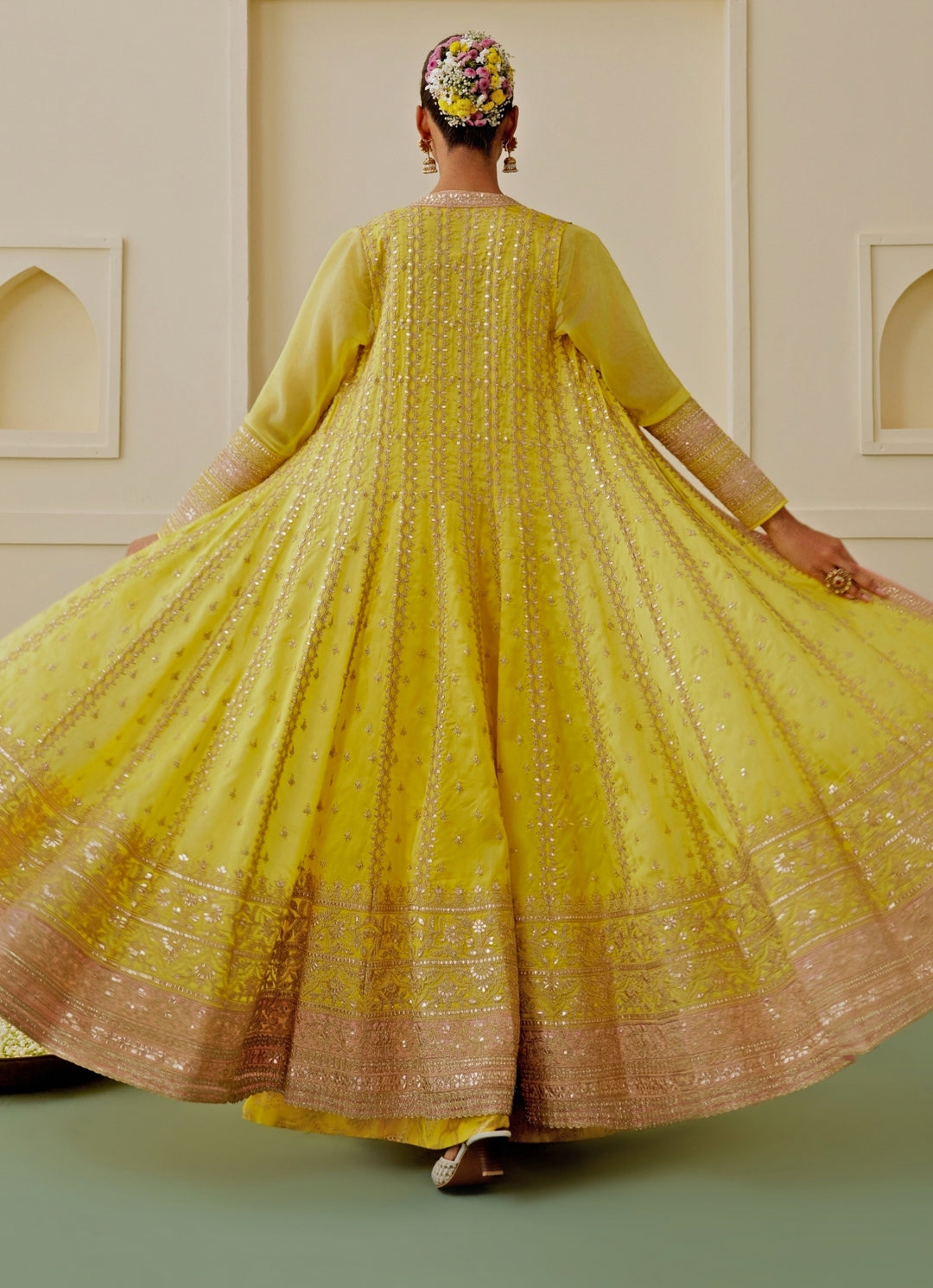 Yellow Tussar Anarkali Jacket Set