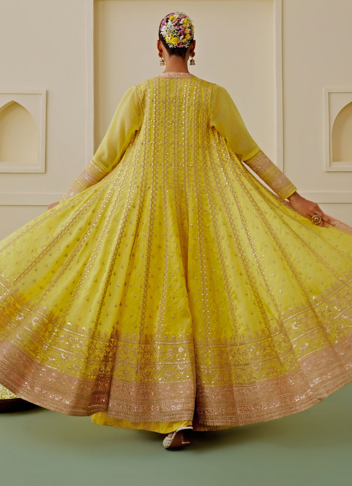 Yellow Tussar Anarkali Jacket Set