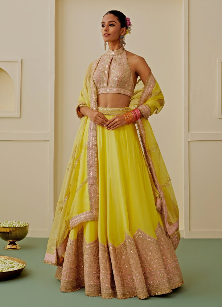 Yellow Tussar Lehenga Set With Halter Blouse