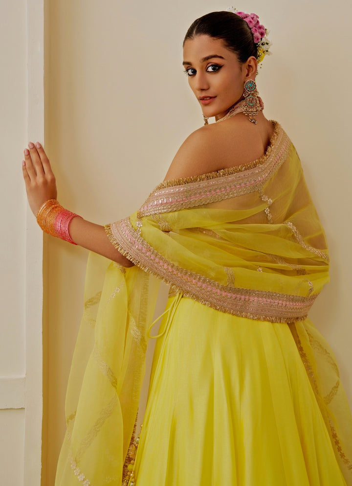 Yellow Tussar Lehenga Set With Halter Blouse
