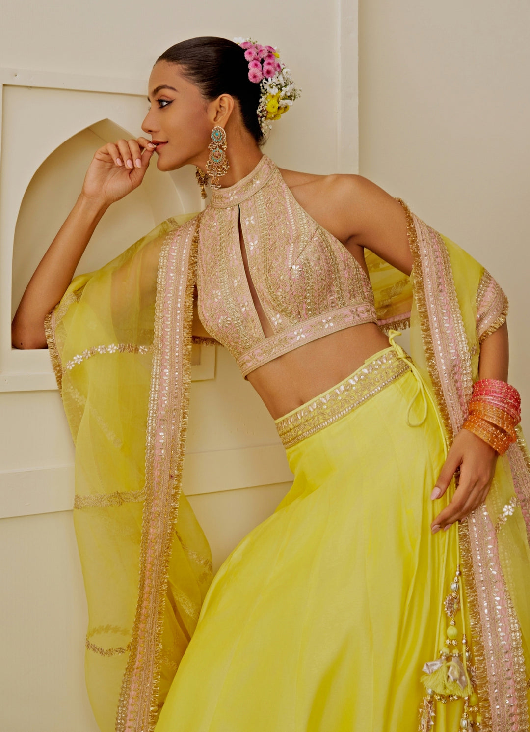 Yellow Tussar Lehenga Set With Halter Blouse