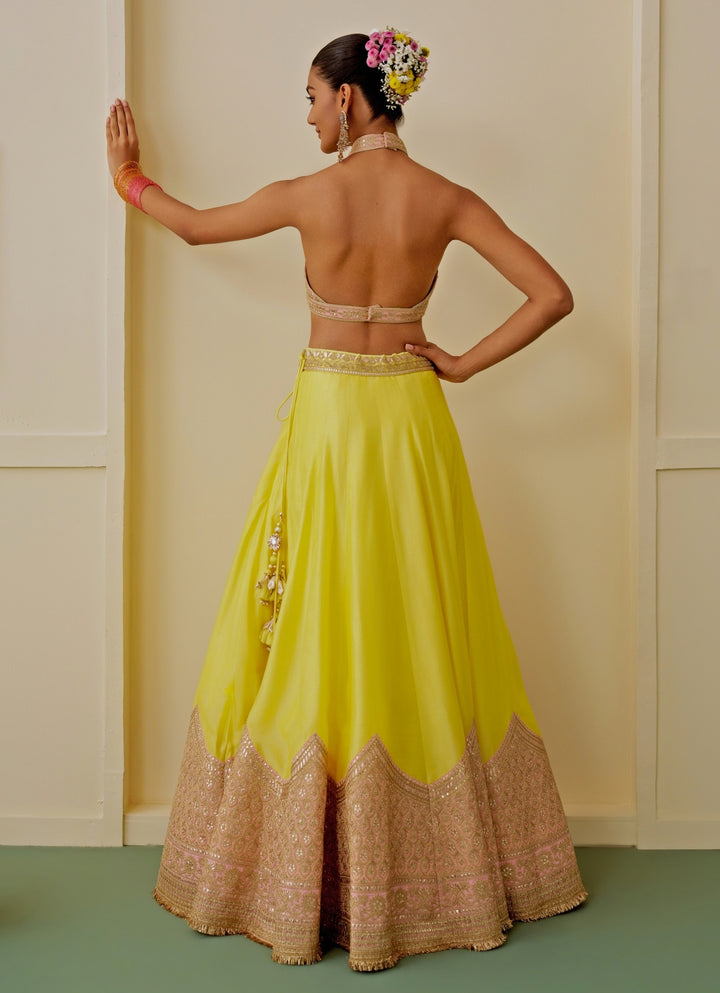 Yellow Tussar Lehenga Set With Halter Blouse