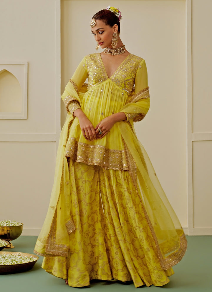 Yellow Georgette Peplum Kurta Sharara Set