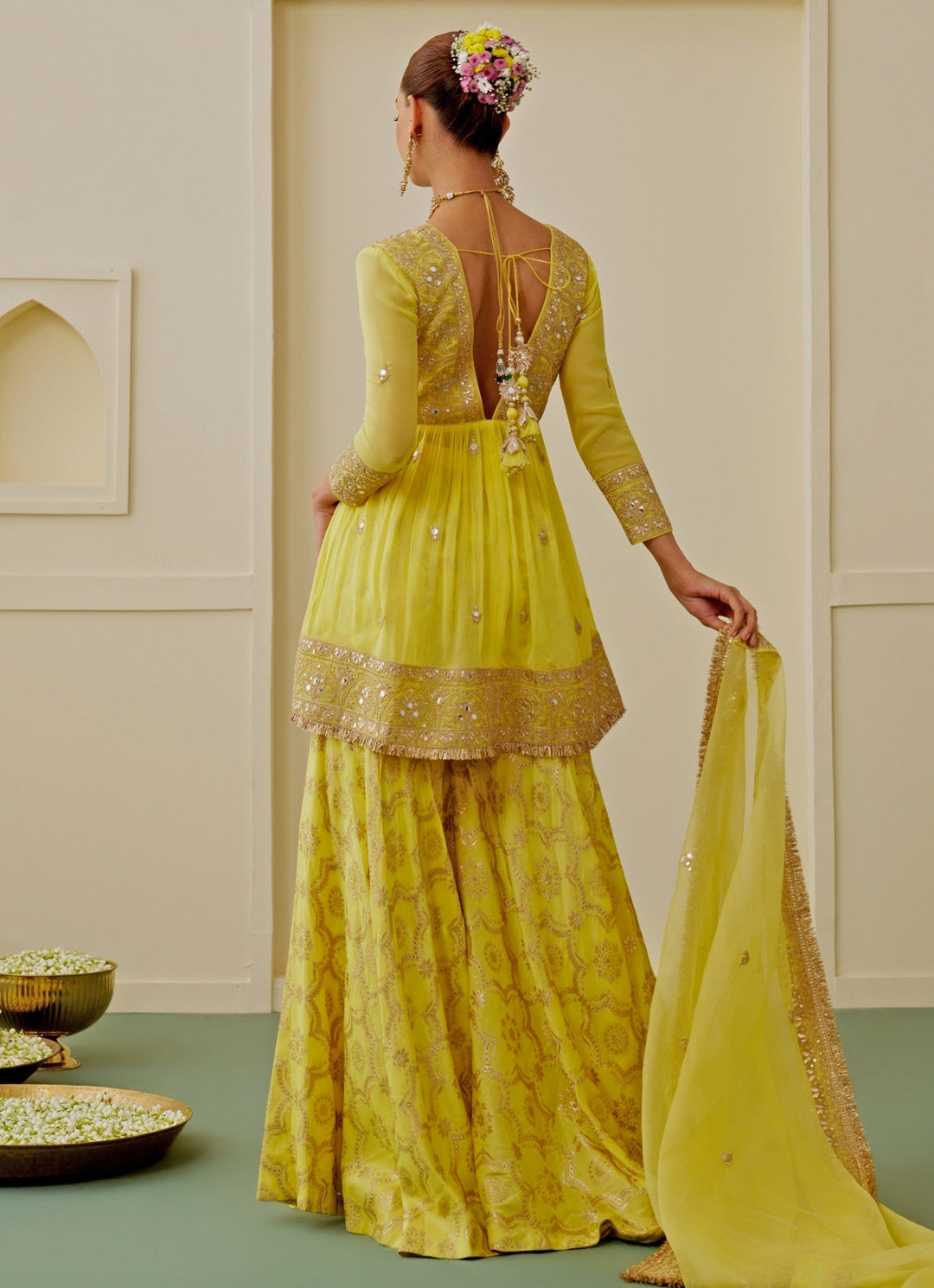 Yellow Georgette Peplum Kurta Sharara Set