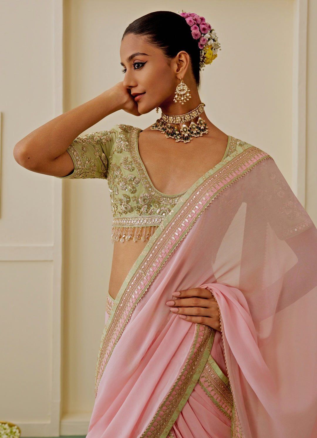 Blush Pink Georgette Pre-Draped Saree Set