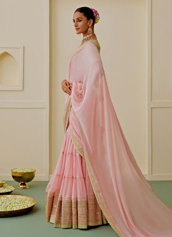 Blush Pink Georgette Pre-Draped Saree Set