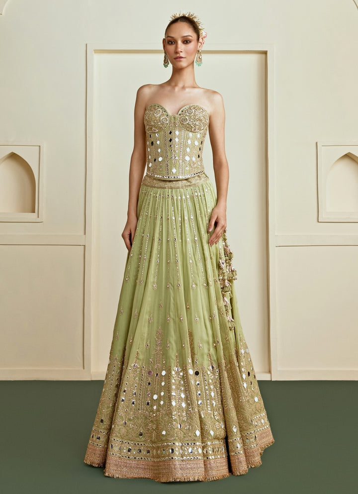 Pista Green Mirrorwork Georgette Corset Lehenga Set