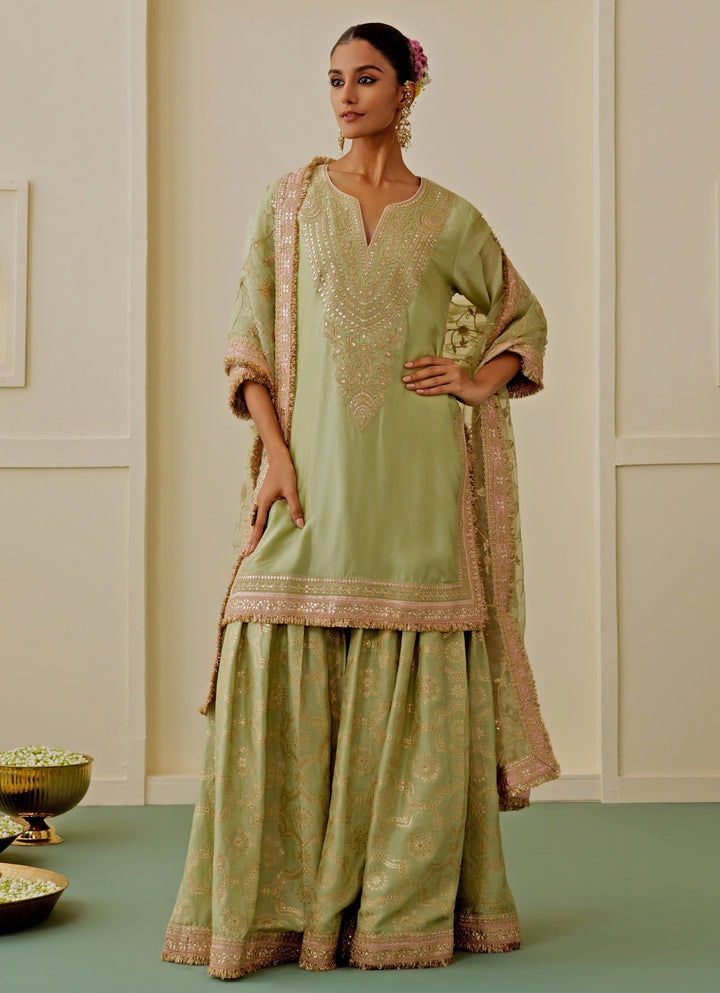 Pista Green Tussar Kurta Sharara Set