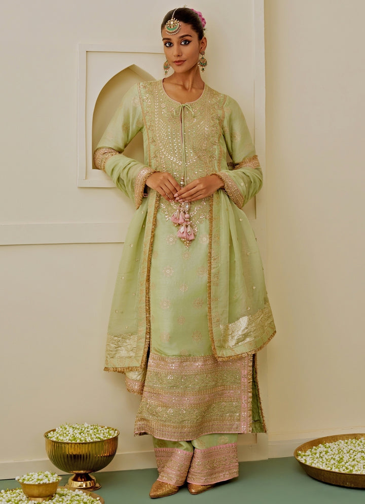 Pista Green Brocade Kurta Palazzo Set