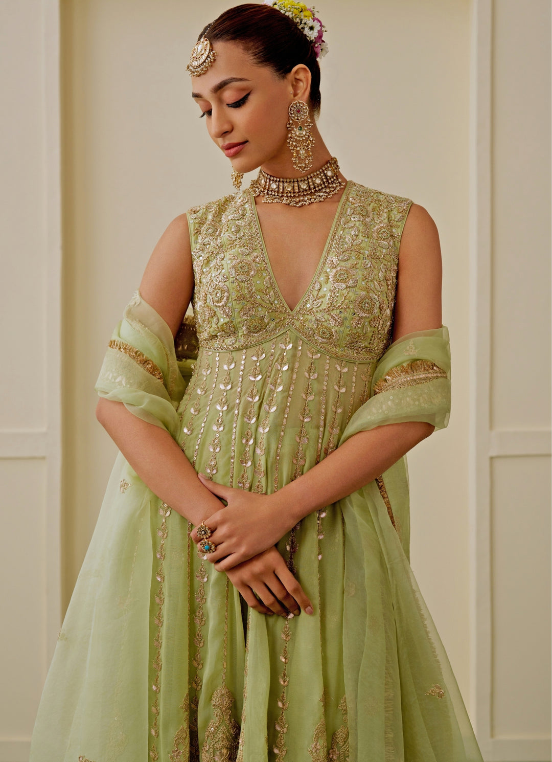 Pista Green Georgette Bridal Anarkali Set