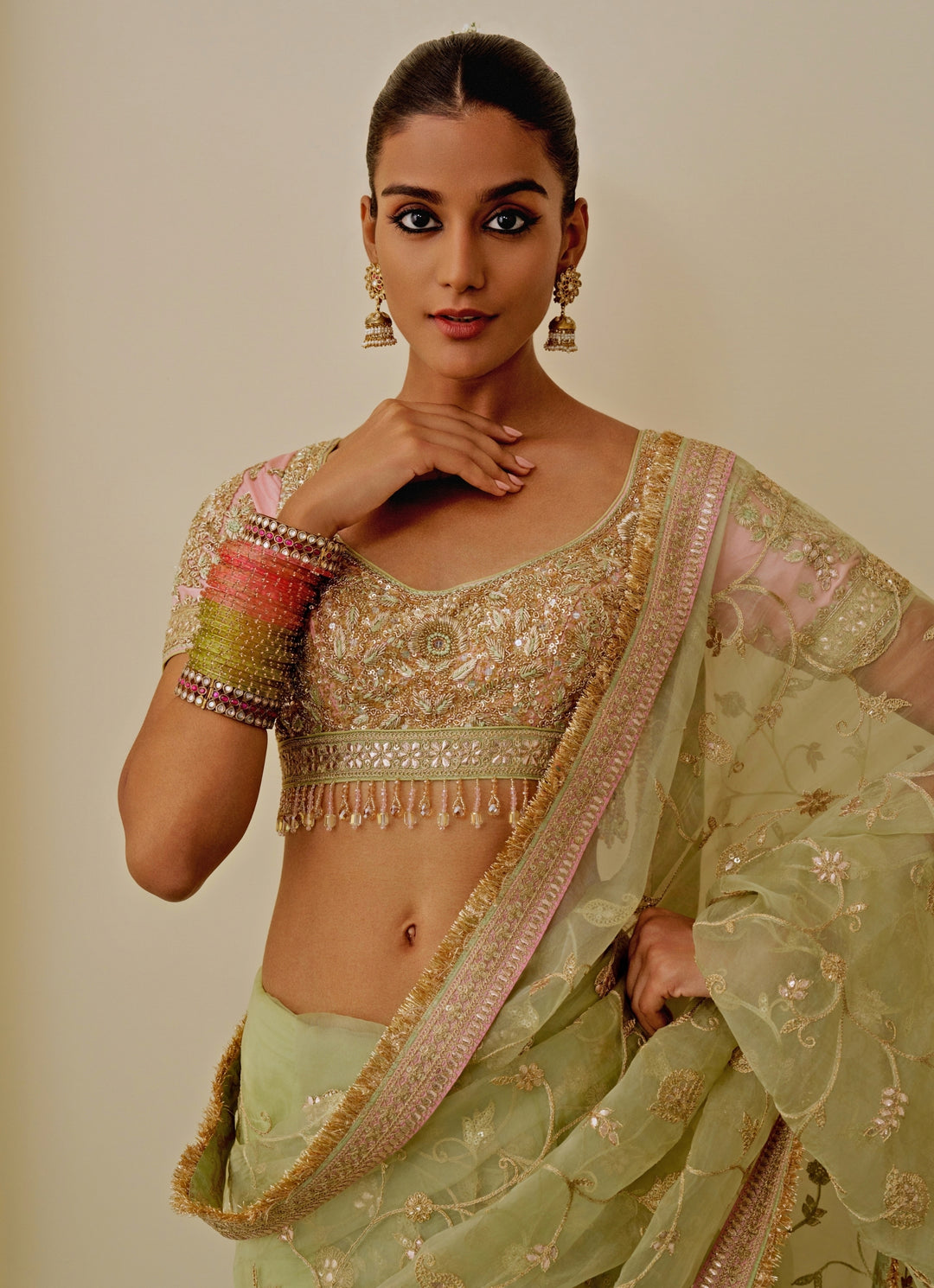 Pista Green Organza Saree Set
