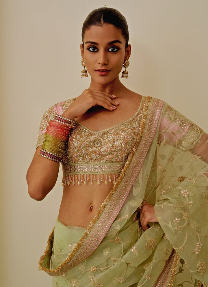 Pista Green Organza Saree Set