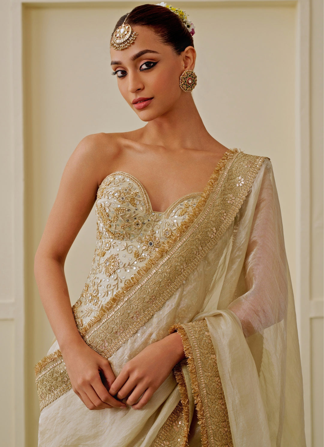 Ivory Tissue Saree Set With Corset Blouse