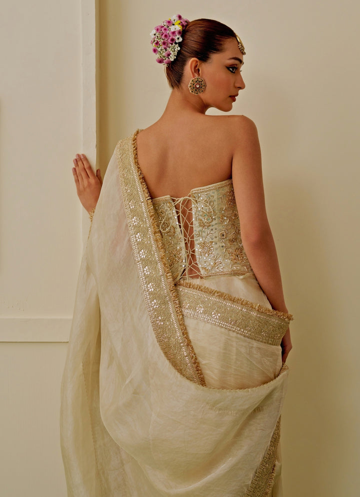 Ivory Tissue Saree Set With Corset Blouse