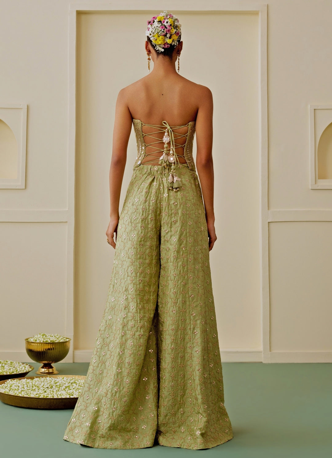 Pista Green Georgette Corset Pants Set
