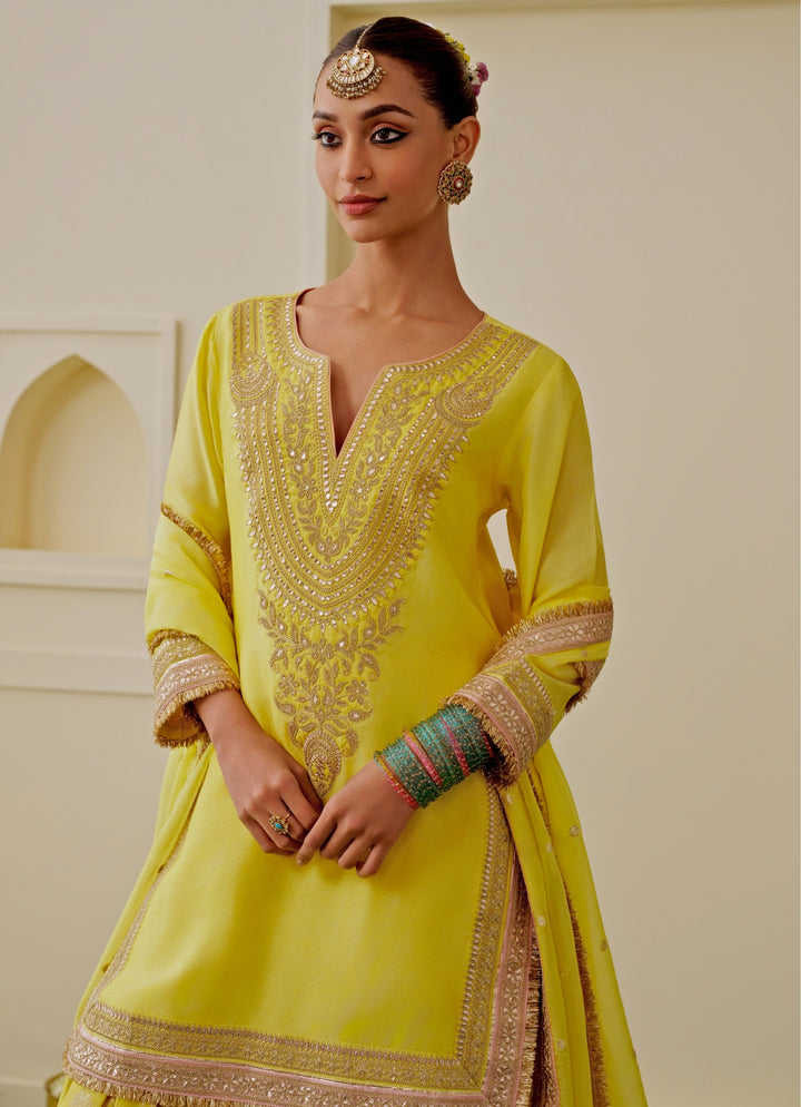Yellow Tussar Kurta Sharara Set