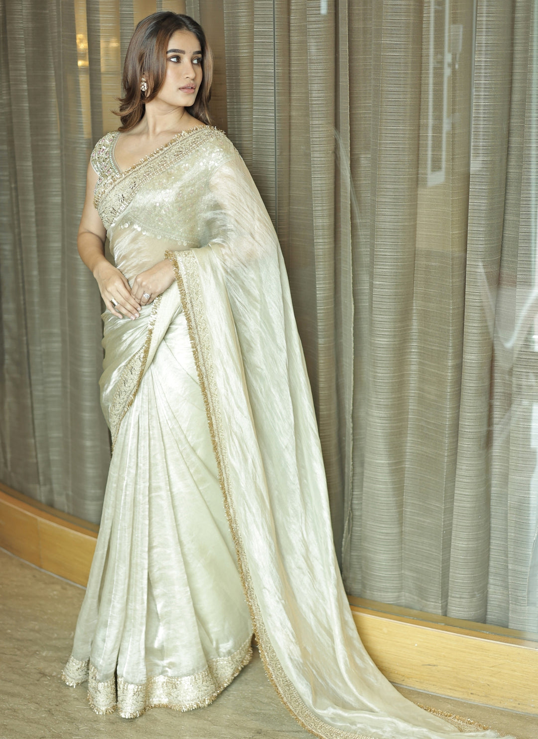 Muted Gold Tissue Saree With Corset