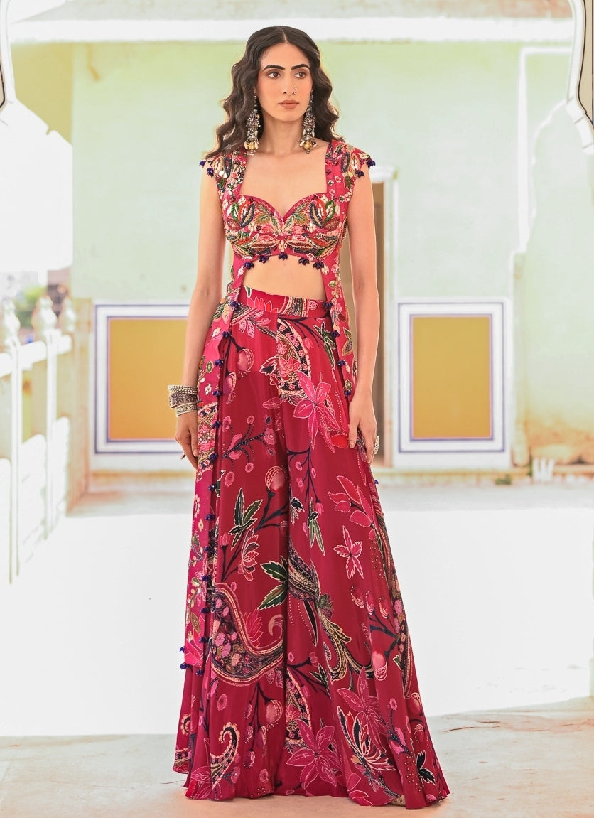 Hot Pink Printed Crepe Pants Set