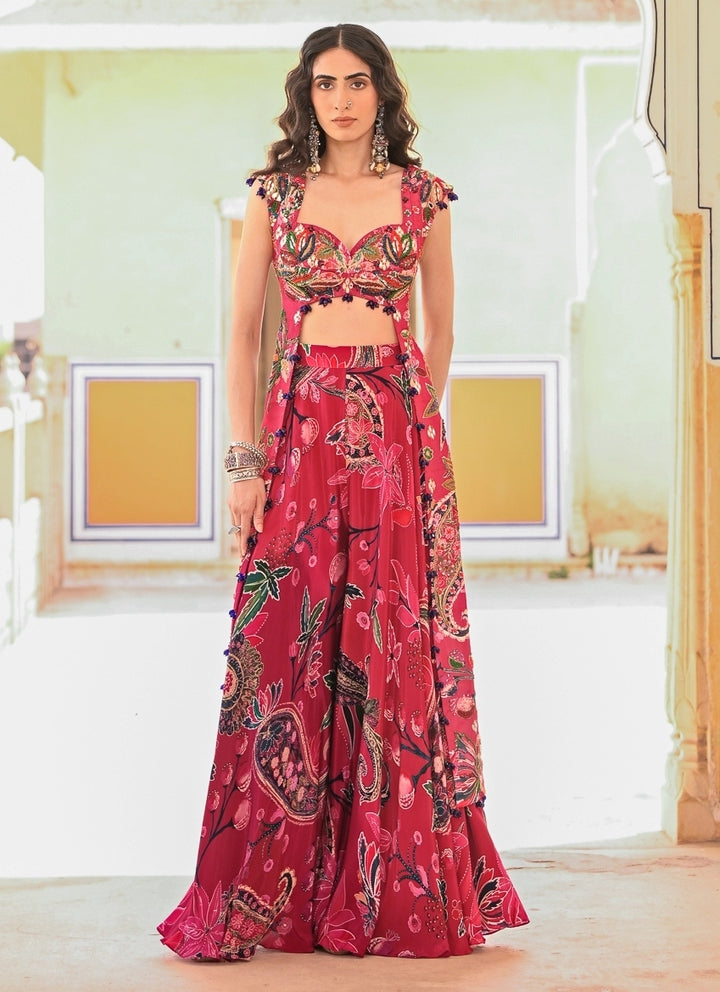 Hot Pink Printed Crepe Pants Set