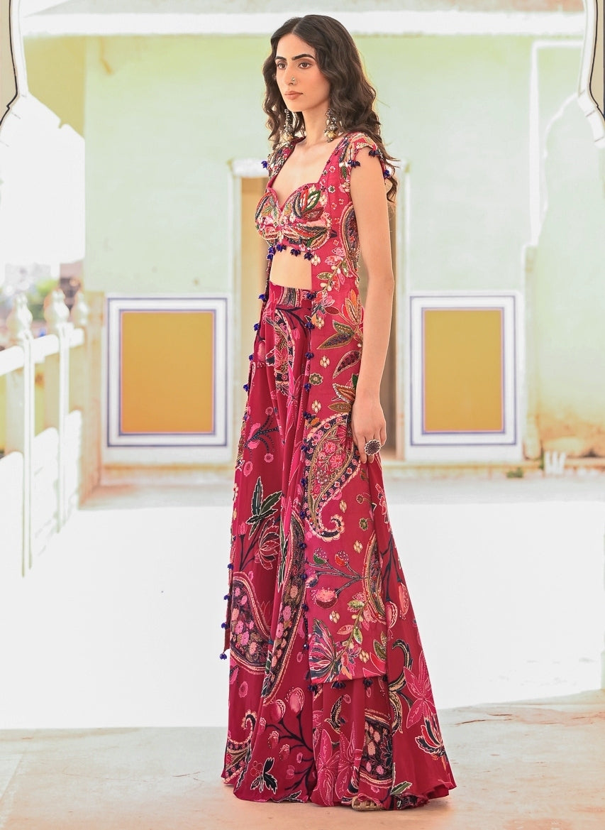 Hot Pink Printed Crepe Pants Set