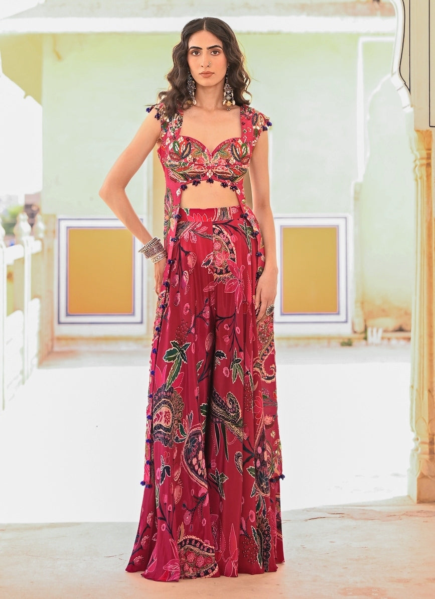 Hot Pink Printed Crepe Pants Set
