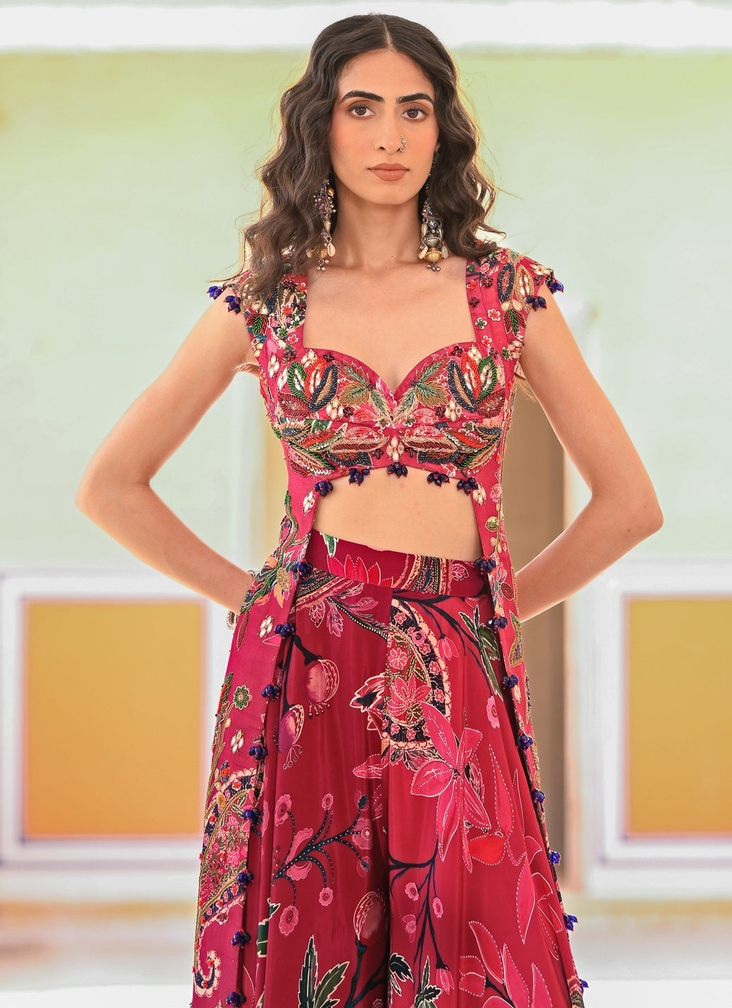Hot Pink Printed Crepe Pants Set