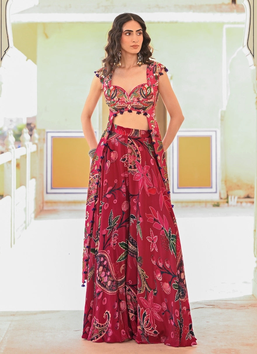 Hot Pink Printed Crepe Pants Set
