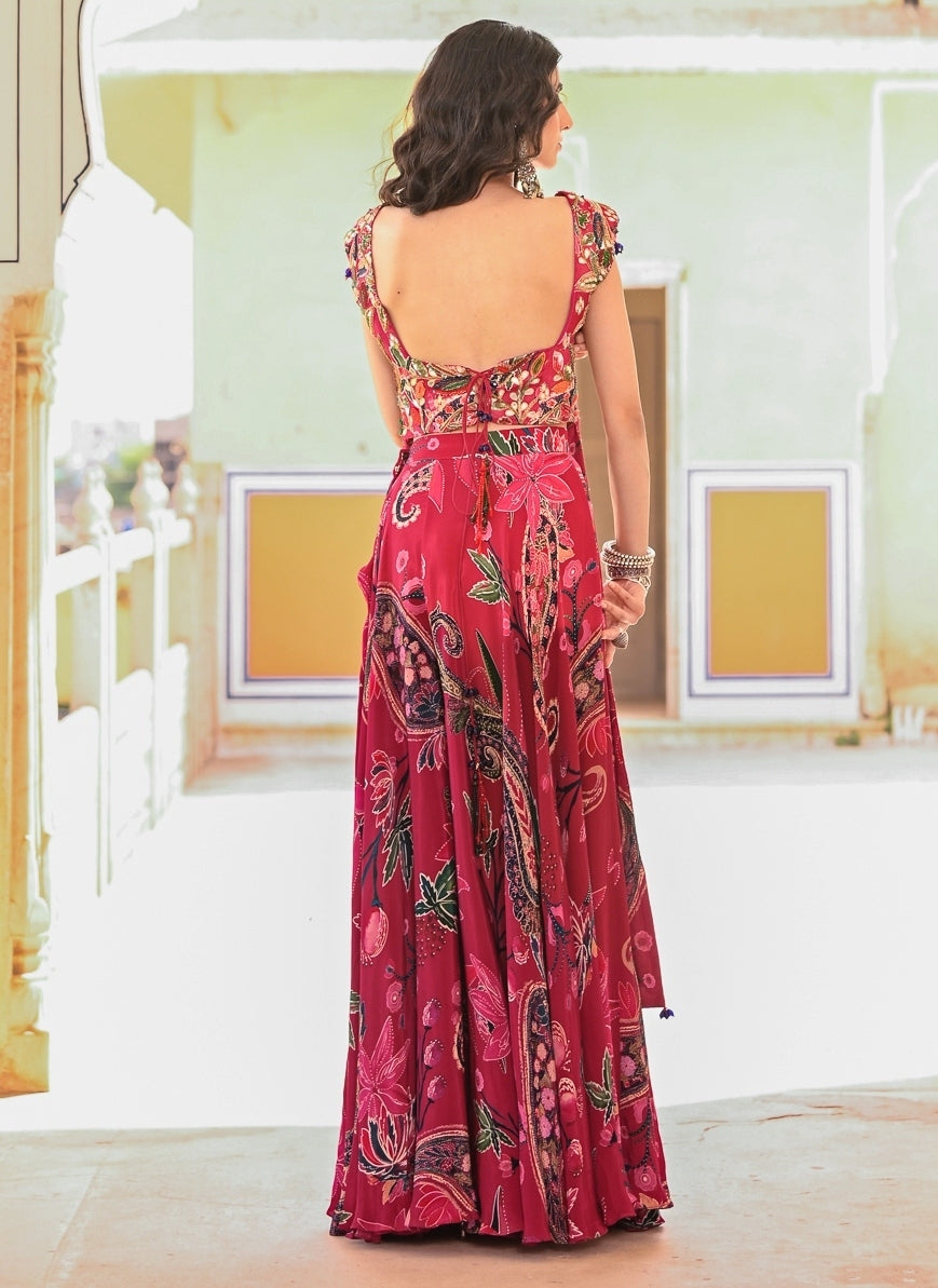 Hot Pink Printed Crepe Pants Set