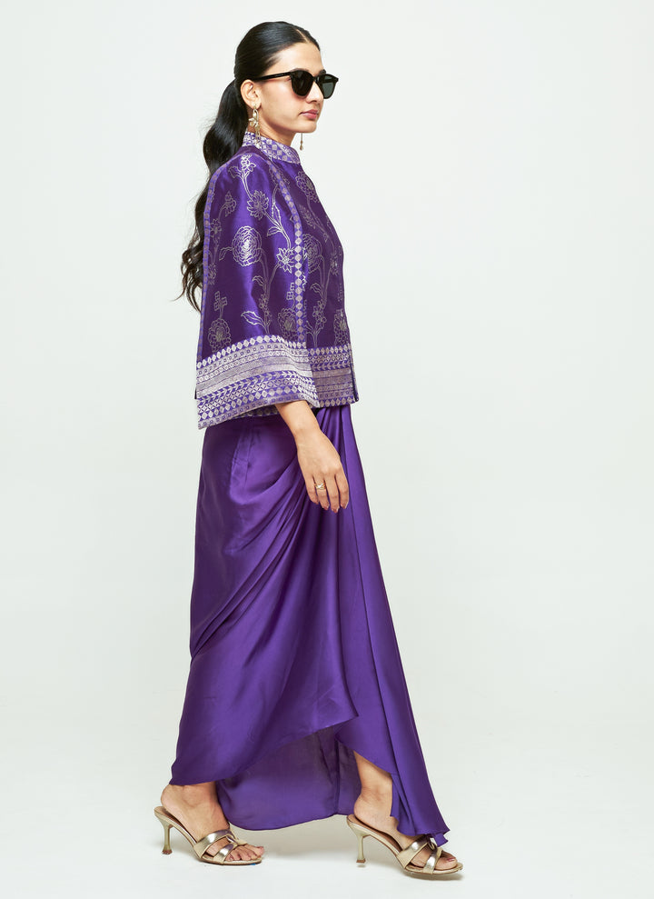 Purple Silk Jacket With Draped Skirt Set
