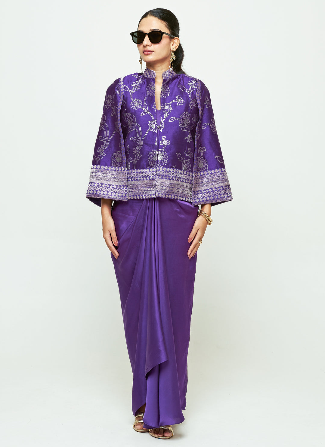 Purple Silk Jacket With Draped Skirt Set