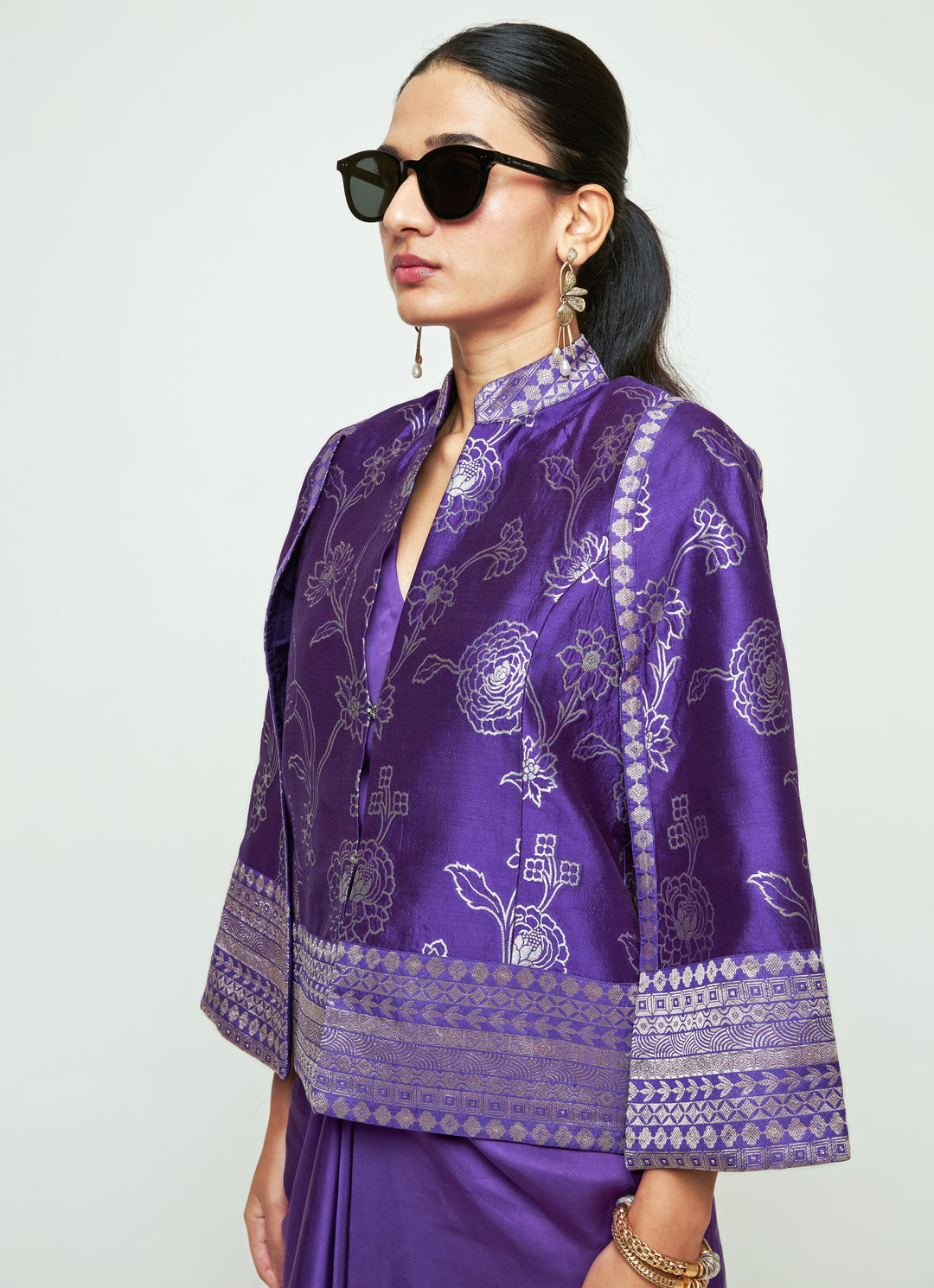 Purple Silk Jacket With Draped Skirt Set