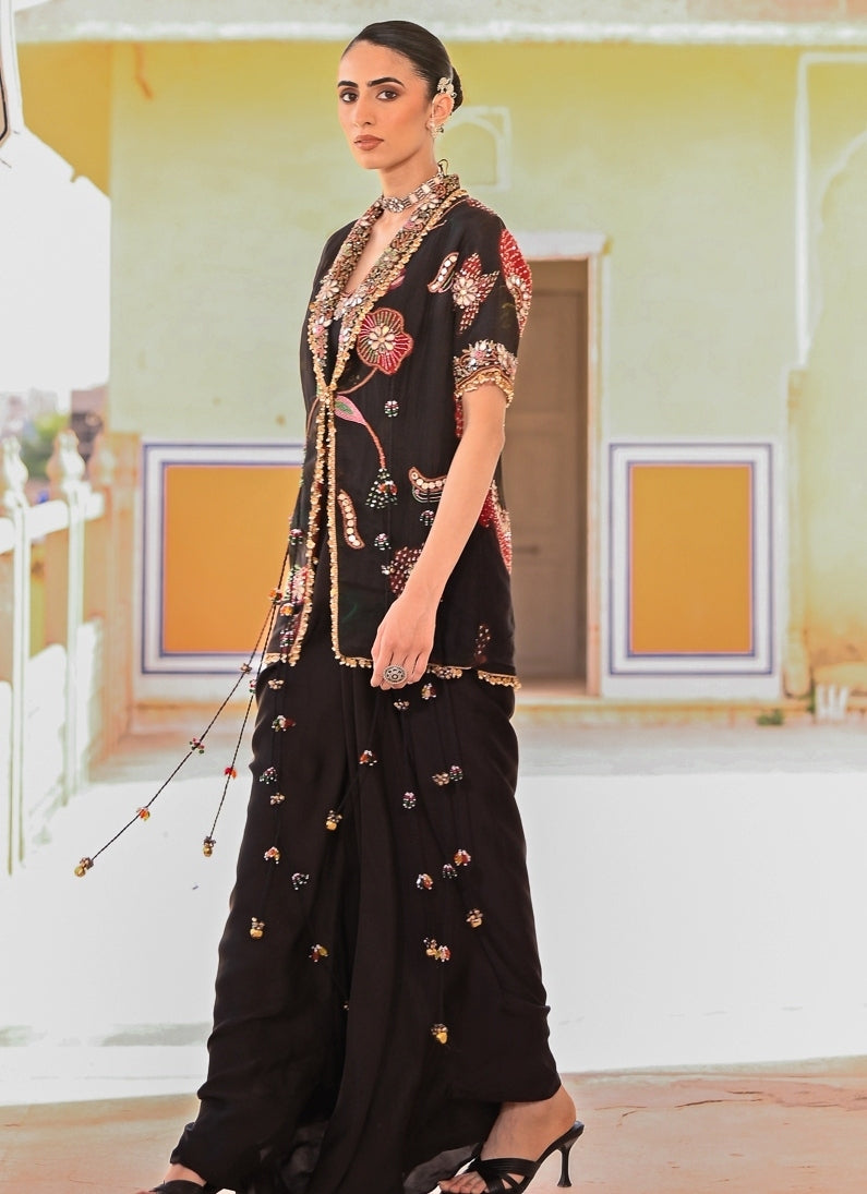 Black Satin Cowl Skirt Set With Blazer