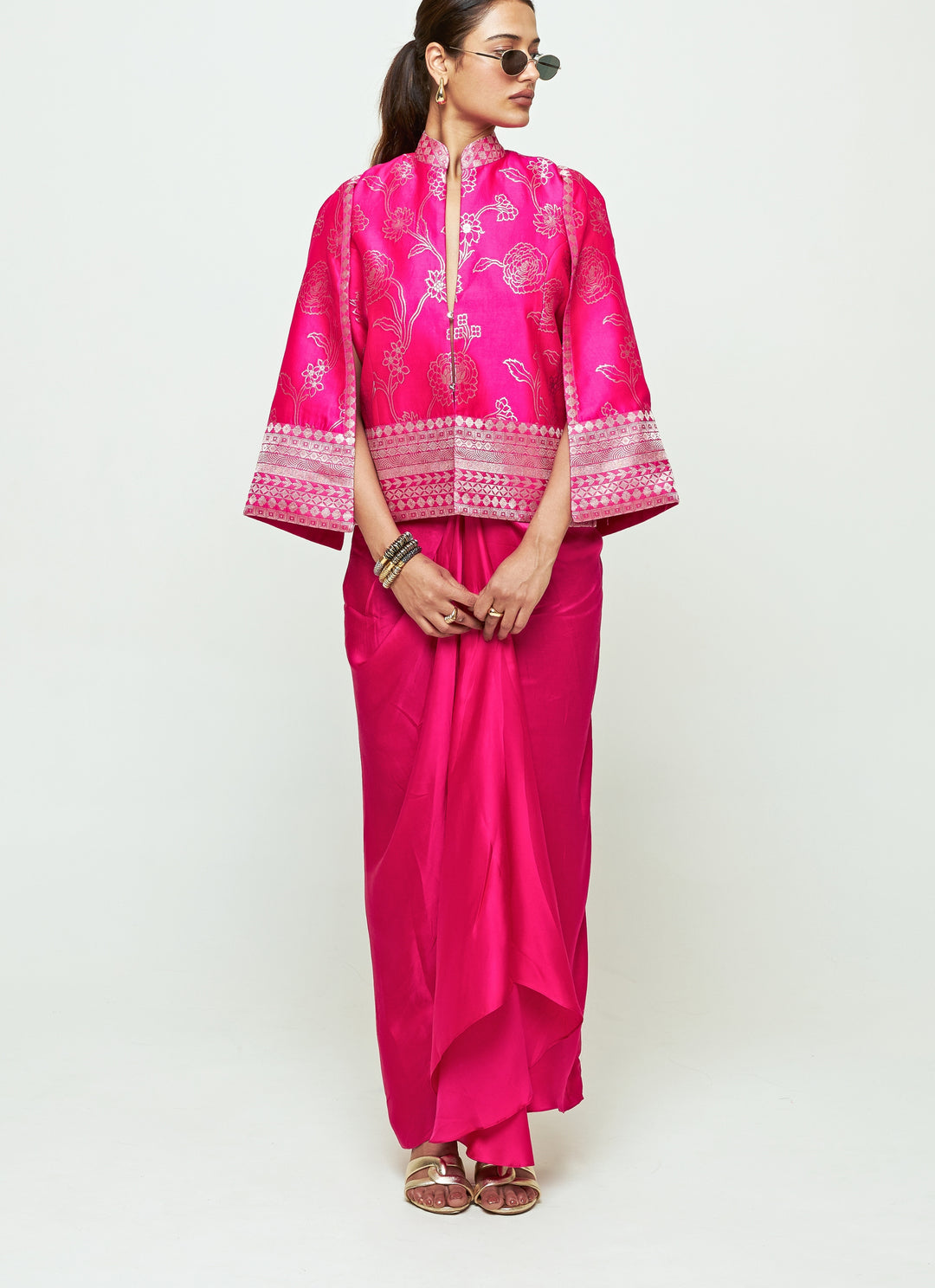 Pink Silk Jacket With Draped Skirt Set