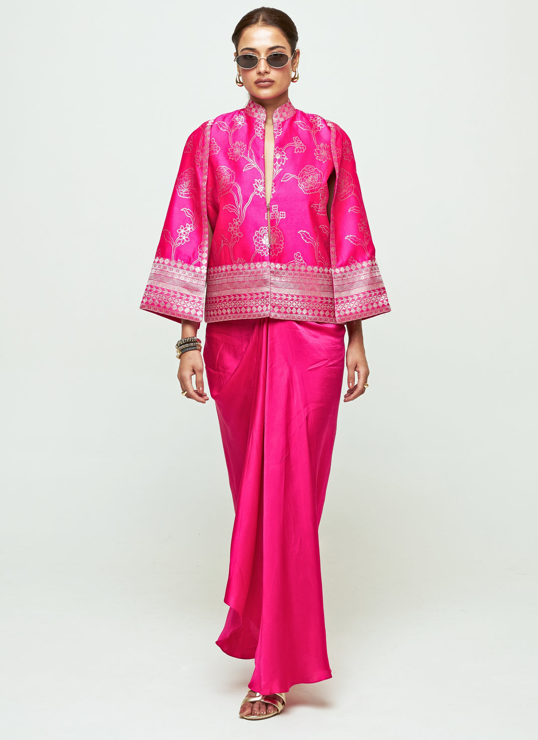 Pink Silk Jacket With Draped Skirt Set