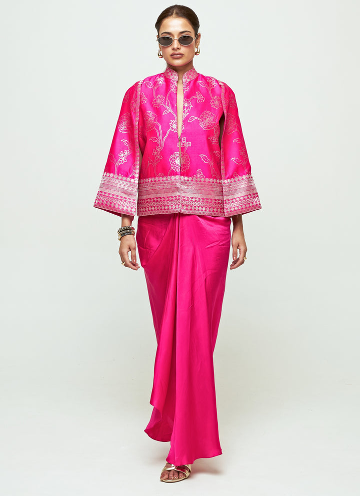 Pink Silk Jacket With Draped Skirt Set