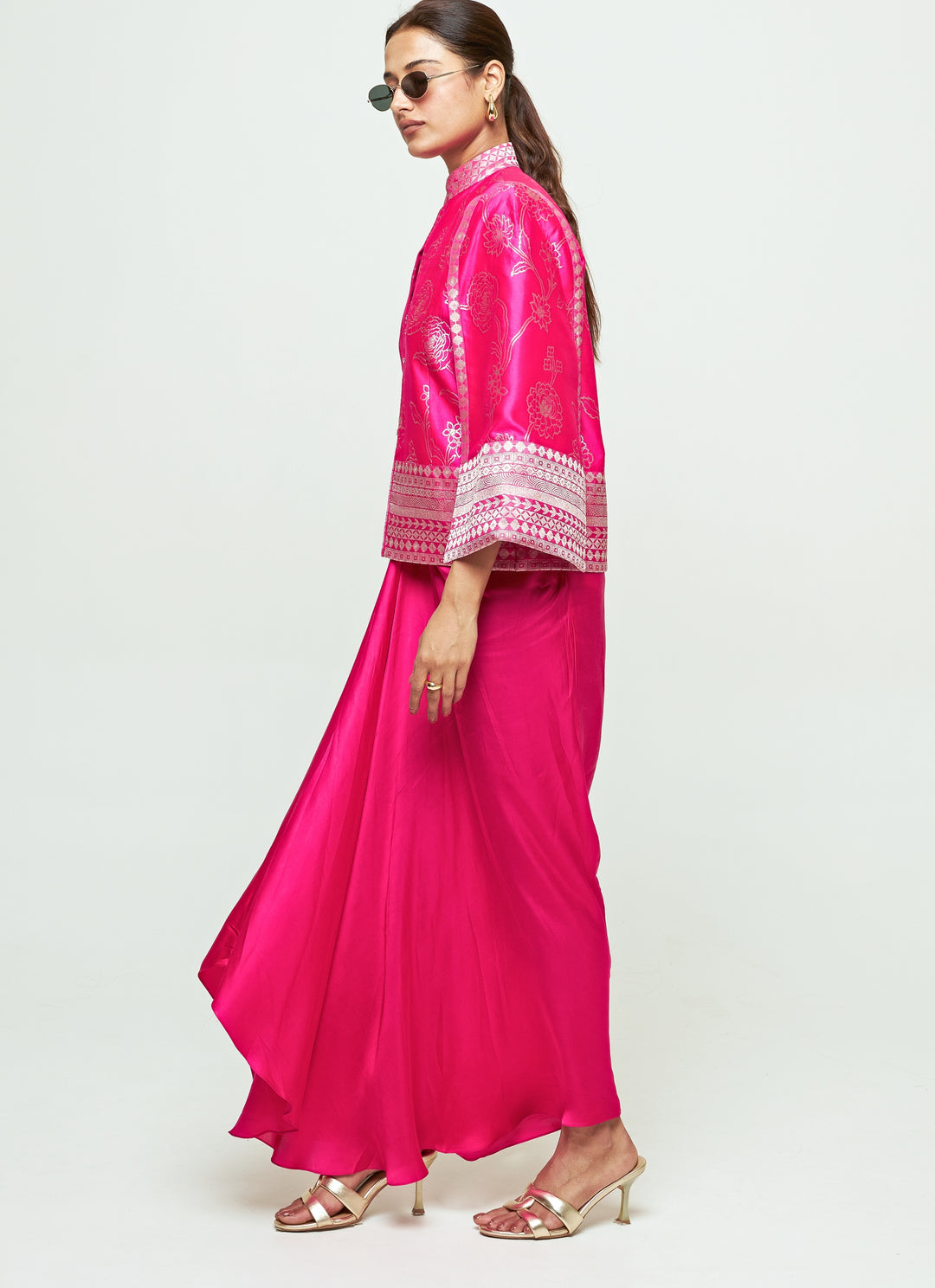 Pink Silk Jacket With Draped Skirt Set