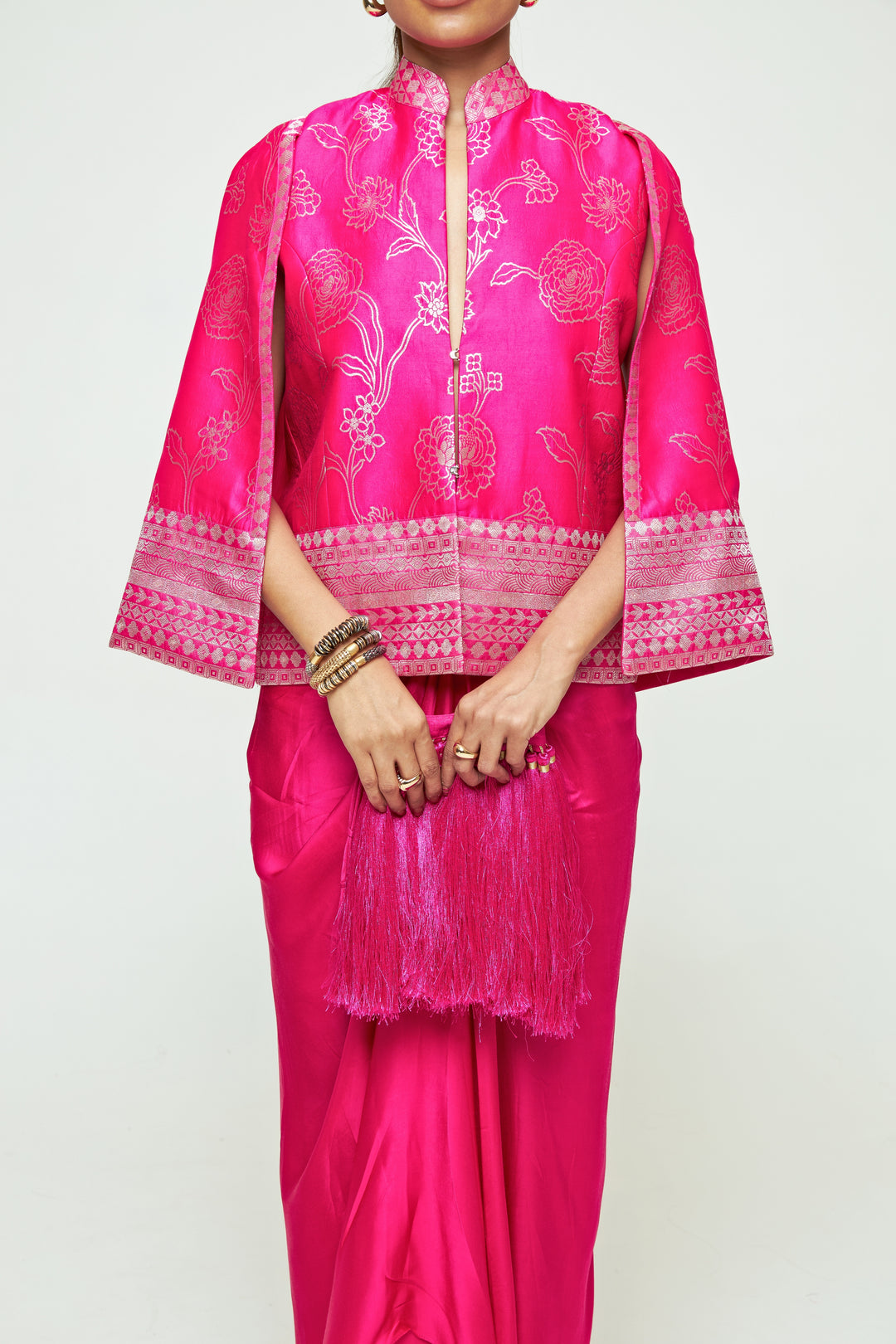 Pink Silk Jacket With Draped Skirt Set