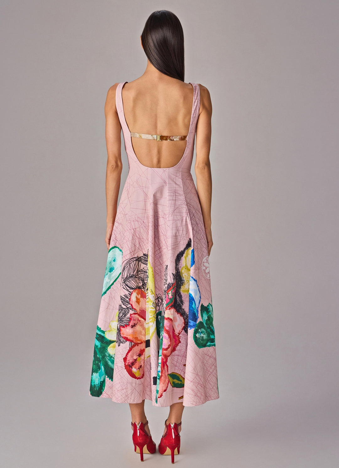 Light Pink Multicolour Floral Print Midi Flared Dress