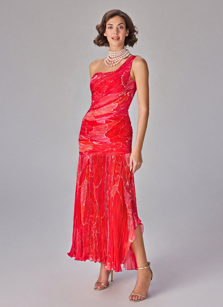 Pink Abstract Print One Shoulder Dress