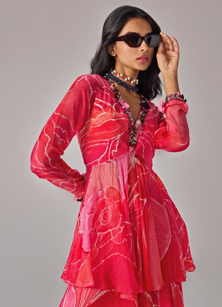 Pink Floral Print Blouse And Palazzo Set