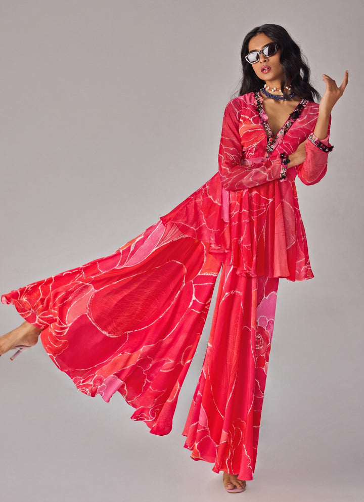 Pink Floral Print Blouse And Palazzo Set