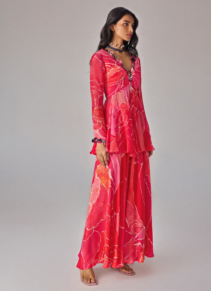 Pink Floral Print Blouse And Palazzo Set